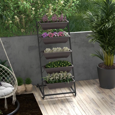 Outsunny 5-Etagen Pflanzenständer, 145 cm hoch Blumenständer mit Rollen Töpfe, Pflanzenregal aus Stahl Braun
