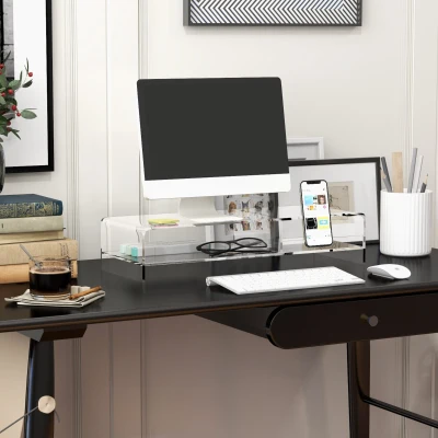 HOMCOM Suporte para monitor com compartimento para teclado, transparente, para monitores até 60,96 cm, 2 níveis, acrílico, 50,8 x 19 x 12 cm