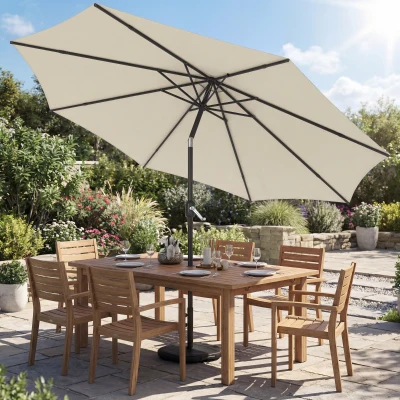 Outsunny Sonnenschirm ca. Ø300 cm neigbar Balkonschirm mit Kurbel Kreuzfuß Sandsack, UV 30+ Einziehbar Cremeweiß