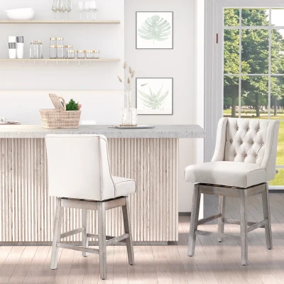 HOMCOM Juego de 2 Taburetes de Bar con Respaldo Taburetes Altos de Cocina Giratorios 180° Patas de Madera 46x57x101 cm Beige