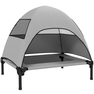 PawHut Cama para cão exterior com dossel, Cama elevada para cães médios, 76 x 61 x 71cm, Cinza claro