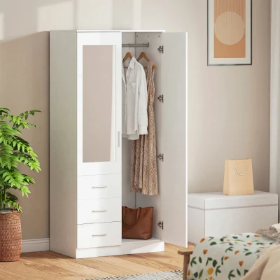 HOMCOM Armario Ropero de 2 Puertas con Espejo 3 Cajones Estantes Ajustables y Barra para Colgar Incluida 80x50x180 cm Blanco