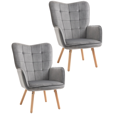 HOMCOM Velvet-Touch Wingback Armchair Set of 2 Grey