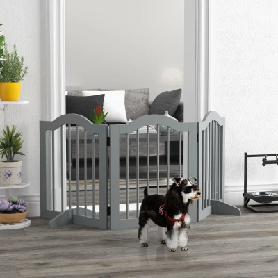 PawHut Grade de Contenção para Cães 3 peças 154,5x61 cm Dobrável com Porta 2 Pés de Apoio Cinza Claro