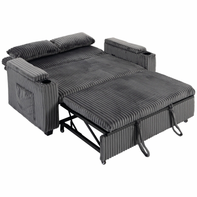 HOMCOM 2 Seater Sofa Bed, Pull Out Sleeper Sofa w/ Adjustable Backrest, Storage Armrests, Cup Holders, Side Pockets, Dark Grey