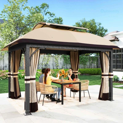 Outsunny Gartenpavillon, 3,3 x 4 m Gartenzelt mit Netz-Vorhängen, zweistufiges Dach, Kunstleder-Bezug, Metallrahmen, Khaki