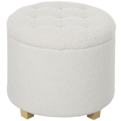 HOMCOM Puff Almacenaje Baúl de Almacenaje Redondo 40,5L 45x45x41 cm Tapizado en Borreguillo con Patas de Madera Blanco