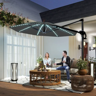 Outsunny Alu Ampelschirm LED Solar Ø300 cm höhenverstellbar Sonnenschirm mit Kurbel Ständer UV50+ Dunkelgrau