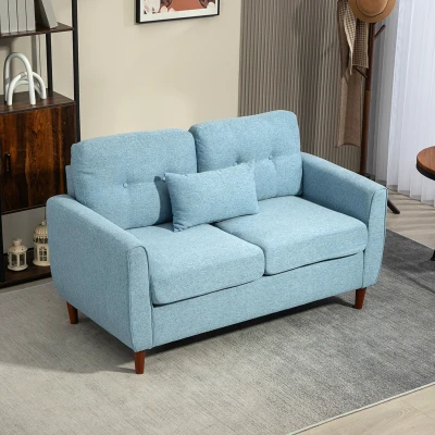 HOMCOM Sofá de 2 Plazas Tapizado en Lino Sintético para Salón Moderno con Reposabrazos Patas de Madera 140x78x83 cm Azul Claro