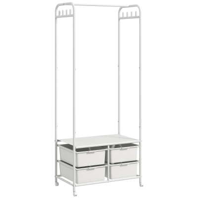 HOMCOM Perchero Zapatero con Ruedas para Recibidor con 8 Ganchos 4 Cestas para Zapatos y Marco de Acero 63x37x153 cm Blanco
