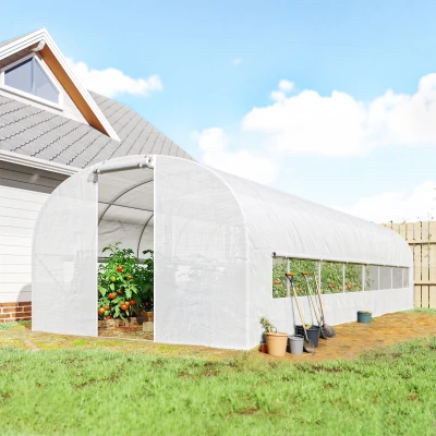 Outsunny Serre Tunnel 24m² Acier Galvanisé avec Portes Blanc