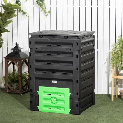 Outsunny Composteur 450L Noir 80 Aérations 2 Portes Coulissantes