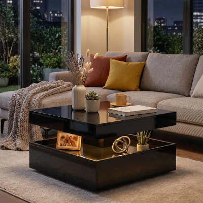 HOMCOM LED Coffee Table 2-Tier Storage Modern High Gloss Black