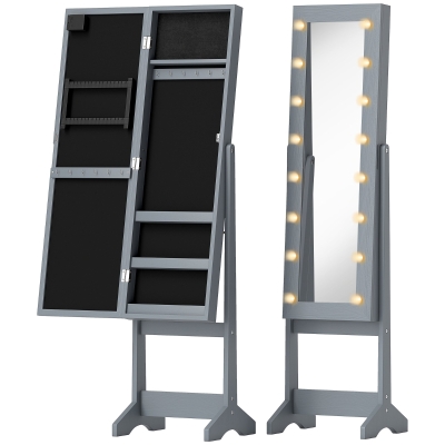 HOMCOM Espejo Joyero con Luces LED Armario para Joyas Armario Joyero de Pie con Espejo Entero Ángulo Ajustable Gris