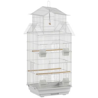PawHut Jaula para Pájaros de Acero con Comederos Perchas Columpio y Bandeja Extraíble 50,5x41x104 cm Blanco