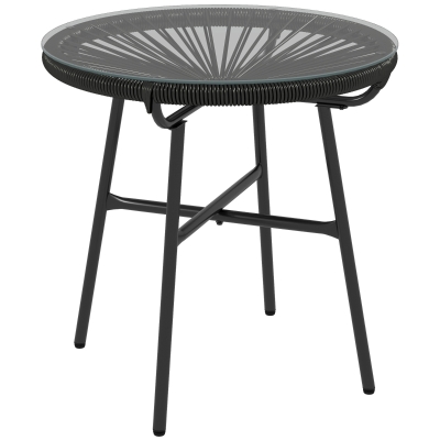 Outsunny Table d'Appoint Extérieur Bohème Rotin PE Verre Noir 50cm