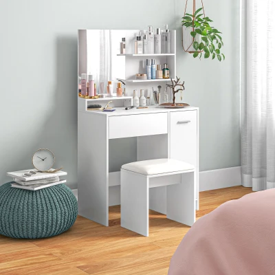 HOMCOM Tocador de Maquillaje con Taburete Espejo Cajón Estante Ajustable y Estantes Abiertos Anti-vuelco Blanco y Beige