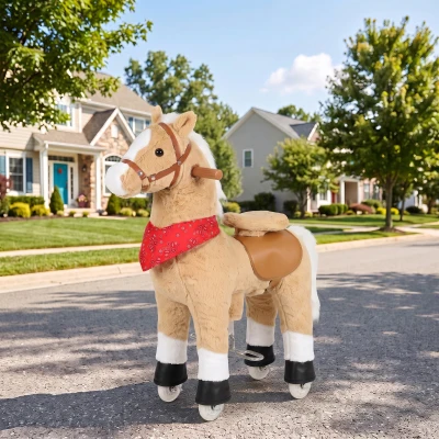 AIYAPLAY Caballo balancín de peluche con cabeza giratoria, ruedas rodantes y sonidos de relincho, desde 2 años, marrón claro