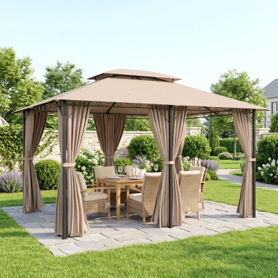 Outsunny Gazebo 4x3m in Acciaio con Doppio Tetto e Tende Laterali