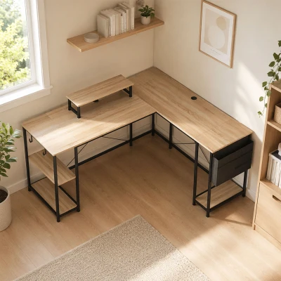 HOMCOM Bureau d'Angle Industriel 168-240cm avec Étagère et Support