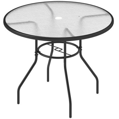 Outsunny Round Dining Table Steel Frame Tempered Glass Black