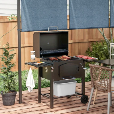 Outsunny Charcoal Grill BBQ Trolley with Adjustable Charcoal Height, Charcoal Stove for Pot, Garden Smoker Barbecue with Folding Shelves, Thermometer on Lid, Bottle Opener and Wheels
