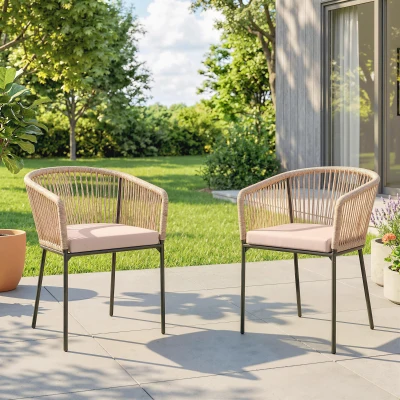 Outsunny Rattan Dining Chairs Set Wood Armrests Cushions Natural