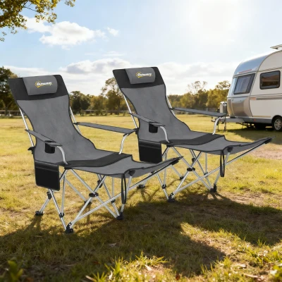 Outsunny 2 Chaises Camping Pliantes Inclinables avec Repose-pieds Noir