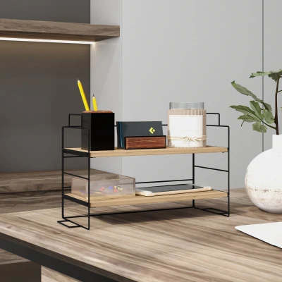 HOMCOM Étagère Bureau 2 Niveaux Bois Métal Noir 42x16,5x24,5 cm