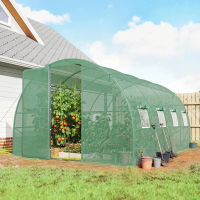 Outsunny Polytunnel Greenhouse Hinged Door Mesh Windows Green