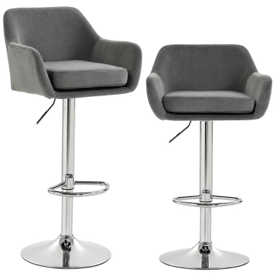 HOMCOM Set 2 Taburetes de Bar Giratorios en Terciopelo con Altura Ajustable, Reposapiés, Respaldo, Base de Metal, Gris