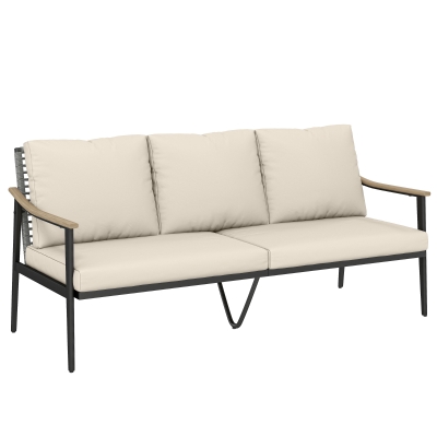 Outsunny Gartensofa 3-Sitzer Rattan Loungesofa mit abnehmbar Kissen Holzoptik-Armlehnen Stahlrahmen Khaki