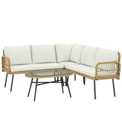 Outsunny Polyrattan Gartenmöbel Set 4-teilig, Lounge Set mit Ecksofa Zweisitzersofa Glastisch abnehmbar Kissen bis 5 Personen