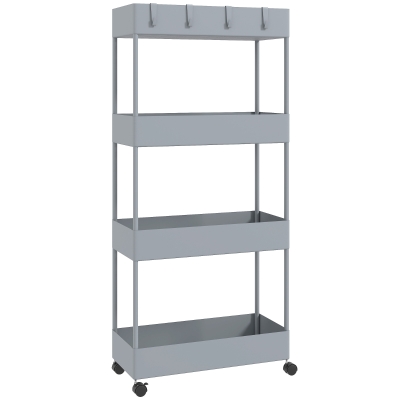 HOMCOM Küchenwagen mit 4 Regalen, 4 flexiblen Haken, 4 Rollen, 40 cm x 19 cm x 90 cm, Nischenwagen, Grau