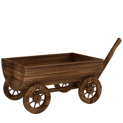 Outsunny Carrito de Madera con 4 Ruedas y Mango Jardinera Exterior con Orificio de Drenaje 115x40x54,5 cm Carbonizado