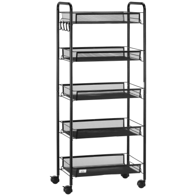 HOMCOM Carrito Auxiliar con Ruedas de 5 Niveles con Cestas de Malla Extraíbles y Marco de Acero 45x26,5x106 cm Negro