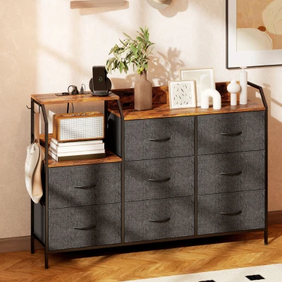 HOMCOM Kommode mit 8 Stoffschubladen, Stahlrahmen, Ladestation, Rustikal-Braun+Schwarz
