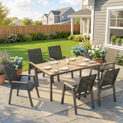 Outsunny Conjunto de Mesa y Sillas Jardín con Mesa con Tablero de Listones y 6 Sillas Transpirables para Terraza Patio Negro