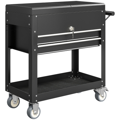 HOMCOM Carro de Herramientas con Ruedas Carro de Taller Móvil con Tapa Deslizante 2 Cajones con Cerradura Bandeja Negro