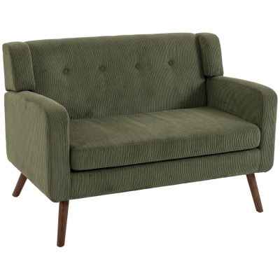 HOMCOM 2-Seater Corduroy Loveseat Wood Legs Living Room Dark Green