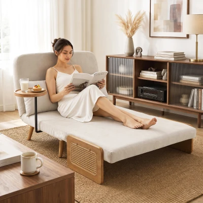 HOMCOM Sofá Cama 2 Plazas Convertible 3 en 1 Tapizado en Chenilla con Respaldo Ajustable Mesa Lateral 2 Almohadas Blanco Crema
