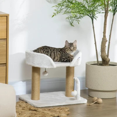 PawHut Indoor Cat Tree 42cm with Toy Balls, Scratching Post - White