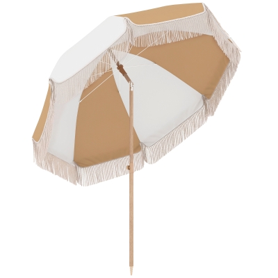 Outsunny Sombrilla de Playa con Flecos Ø175 cm Sombrilla de Terraza Exterior con Altura Ajustable Inclinación 30° Blanco y Beige
