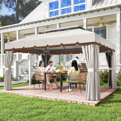 Outsunny Cenador de Jardín 4x3m Pabellón de Jardín Gazebo con Doble Techo 4 Cortinas y Mosquitera Marco de Aluminio UPF50+ Crema