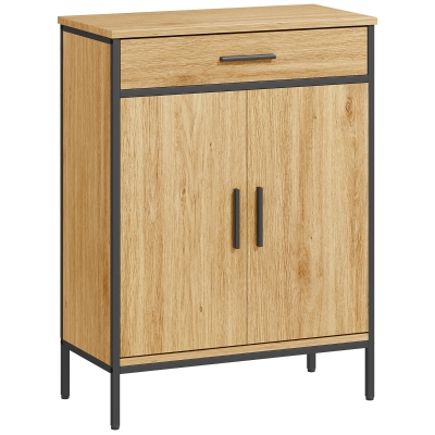HOMCOM Badezimmerschrank, zweistufige Regale, große Schublade, Industriestil, Eichenoptik