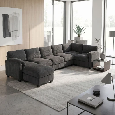 HOMCOM Ecksofa U-Form Sofa Couch mit Federpolsterung gepolsterte Armlehnen beweglicher Ottomane Cord 292x224x85 cm Dunkelgrau