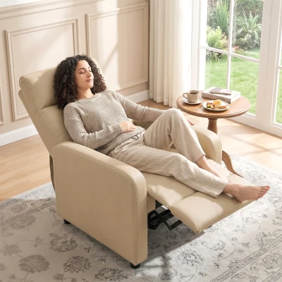 HOMCOM Kippbarer Relaxsessel, PU-Relaxsessel mit Fußstütze, Push-Back Rückenlehne, Beige