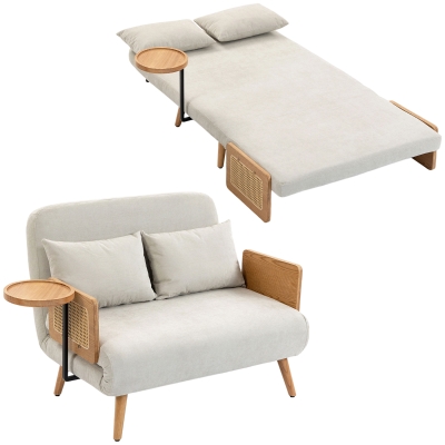 HOMCOM Sofá Cama 2 Plazas Convertible 3 en 1 Tapizado en Chenilla con Respaldo Ajustable Mesa Lateral 2 Almohadas Blanco Crema