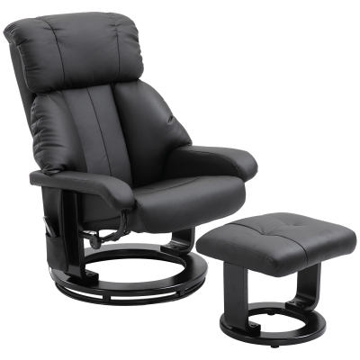 HOMCOM Poltrona Relax com Pufe Poltrona de TV Giratória com Função de Massagem Reclinável Poltrona de Massagem com Controle Remoto Bolso Lateral Poltrona de Couro Sintético para Sala de Estar Preto