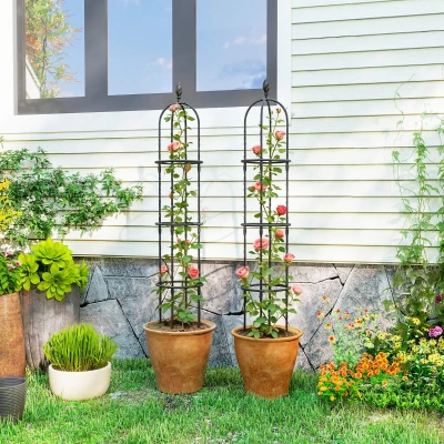 Outsunny Set 2 Sostegni per Rampicanti Alti 1.7m in Acciaio Nero